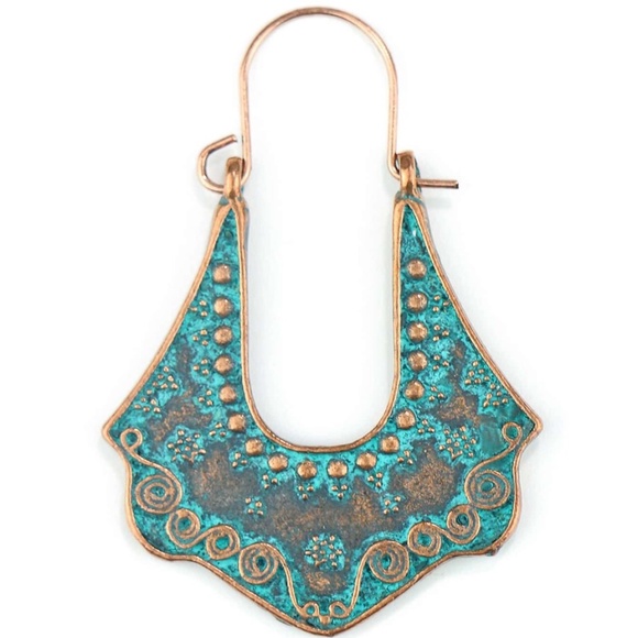 Boho Teal Gold Tone Hoop Earrings Gypsy - Picture 3 of 4